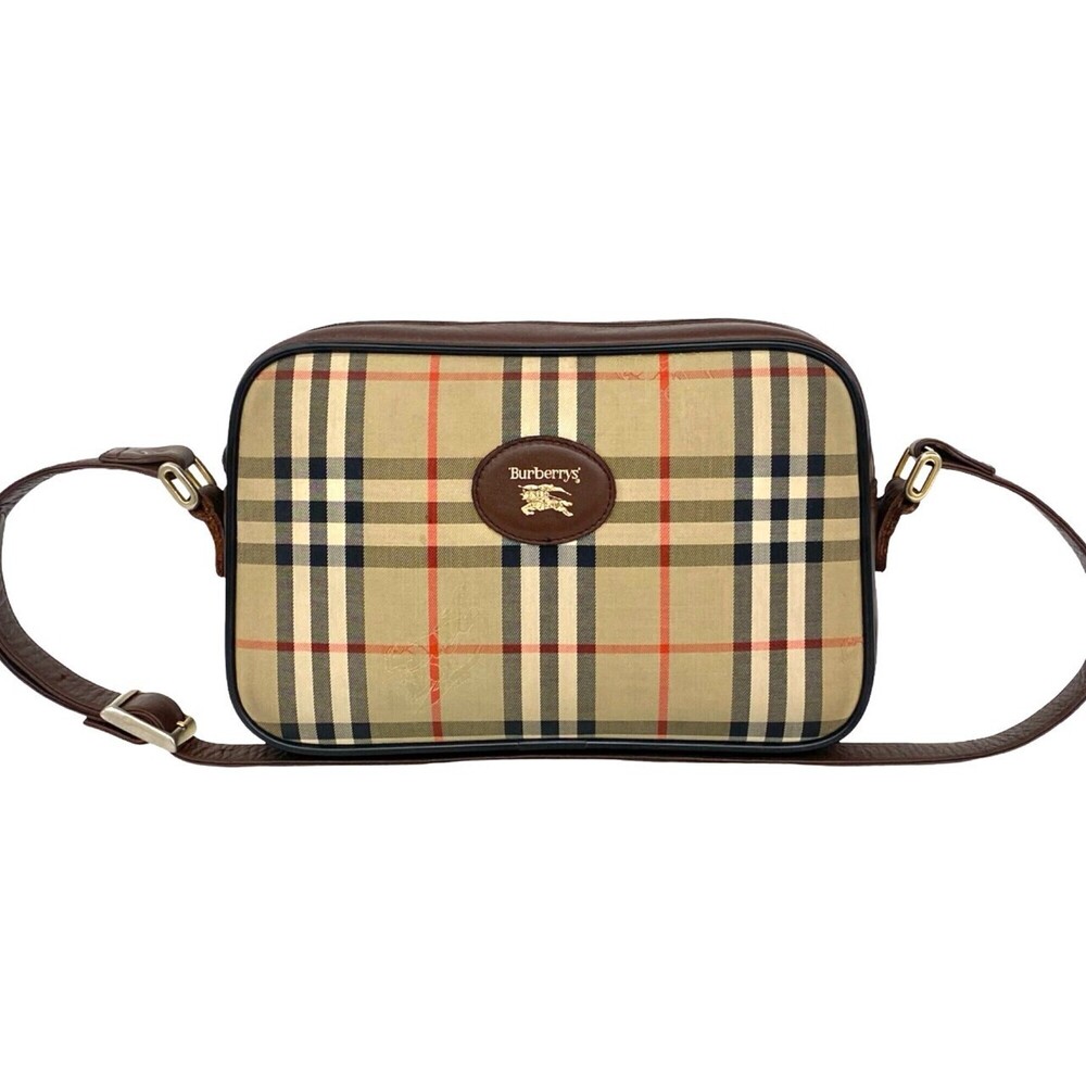 Burberrys Vintage Logo Nova Check Shadow Horse Canvas Leather Shoulder Bag, B...